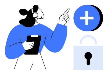 Müşteri destek konsepti. Müşteri destek sembolü ile ilgili ikonlar güvenlik ve sağlık hizmetlerini vurguluyor. Müşteri desteği, güvenli sağlık çözümlerine yardımcı oluyor. Hizmet, teknoloji, güvenlik için