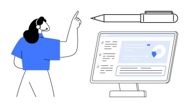 Çevrimiçi öğrenme, iş akışı otomasyonu, dijital görevler, sunum araçları, verimlilik, çalışma alanı organizasyonu. Bilgisayar ekranının yanında elinde çizelge ve kalemle bir kadın var. Çevrimiçi öğrenim ve iş akışı