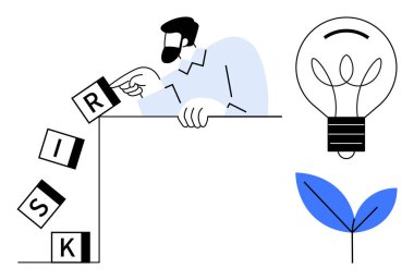 Risk yönetimi, karar verme, yenilik, iş stratejisi, problem çözme, sürdürülebilir büyüme. Bir adam blokların düşmesini engeller. Risk yönetimi ve karar verme kavramı