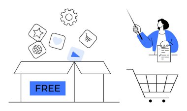 Açık kutu özgür yazılım uygulama simgeleri, vites ve araç gereçleri yakındaki kağıt alışveriş arabasıyla açıklıyor. E-ticaret, dijital pazarlama, öğrenme, ücretsiz hizmetler, teknoloji ve yenilik için ideal