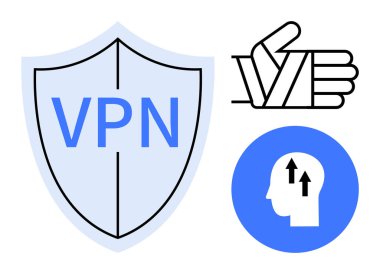 VPN konsepti. VPN kalkanının veri güvenliği ve çevrimiçi gizliliği. VPN kişisel güvenliği online olarak arttırır. Siber güvenlik, veri koruması, eğitim, iletişim ve kendini geliştirme için ideal