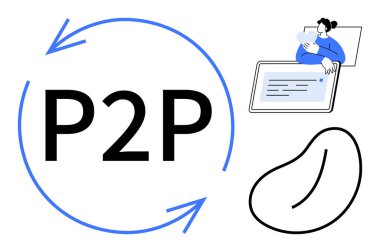 Eşler arası konsept. P2P iletişimi, finansal işlemler ve kişisel alışverişler için doğrudan bağlantılara olanak sağlıyor. Fintech, ekonomi ve eğitim alanlarında eşzamanlı başvurular