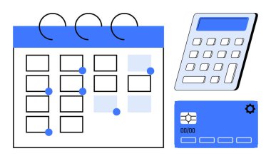 Finansal planlama, bütçe yönetimi, masraf yönetimi, zaman çizelgesi, fatura ödemesi ve çevrimiçi işlemler. İşaretli tarihleri, hesap makinesi ve kredi kartı olan bir takvim. Mali planlama