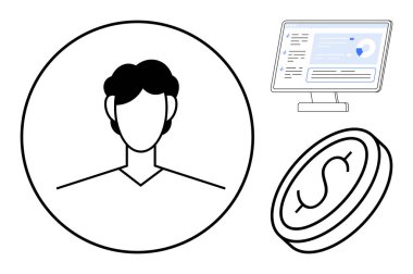 Çevrimiçi kimlik, finans yönetimi, siber güvenlik, kullanıcı profilleri, dijital işlemler, teknoloji. Çember içinde bir kullanıcı simgesi, bir monitör ve dolar sembollü bir bozuk para. Çevrimiçi kimlik