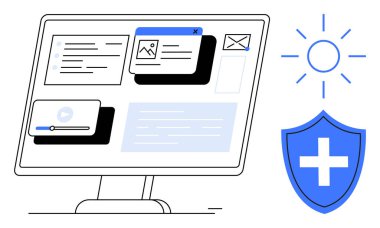 Siber güvenlik, dijital koruma, çevrimiçi güvenlik, bilgisayar arayüzü, internet sağlığı, teknolojik çözümler. Çeşitli arayüz elementleri ve kalkan simgesine sahip bir bilgisayar ekranı. Siber güvenlik ve dijital