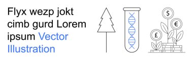 Bilim, sürdürülebilirlik, genetik, ekonomi, araştırma, büyüme. Test tüpündeki DNA sarmalı, ağaç para büyümesi. Bilim ve sürdürülebilirlik asgari çizgi sanatına odaklandı