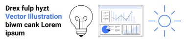 Ampul ve veri tabloları fikirleri ve analizleri temsil ederken, güneş berraklığı ve büyümeyi sembolize eder. Yenilik, iş stratejisi, eğitim, takım çalışması, motivasyon, analiz için ideal