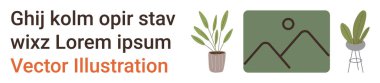 Ev dekorasyonu, kapalı mekan bitkileri, modern iç mekan, tipografi, grafik tasarım, minimalist sanat. Saksı bitkileri ve yer tutucu yazısıyla şekillendirilmiş manzara. Ev dekorasyonu ve ev bitkileri