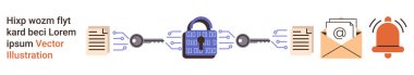 Siber güvenlik, veri koruması, e-posta güvenliği, internet güvenliği, şifreleme, dijital alarmlar. Görüntü, e- posta ve uyarı simgelerine aktarılan bilgilerle birlikte merkezi bir asma kilit gösteriyor. Siber güvenlik ve veri