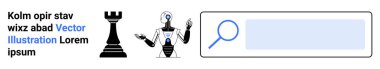 Strateji, yapay zeka, teknoloji, karar verme, online araçlar, yenilik. Kara satranç kalesi, insansı yapay zeka robotu ve büyüteç ikonu. Strateji ve yapay zeka kavramı
