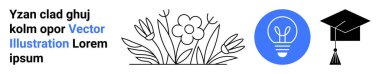 Eğitim, yaratıcılık, çevre, öğrenme, bilgi, yenilik. Mezuniyet şapkası, mavi ve çiçek desenli ampul ikonu. Eğitim ve yaratıcılık kavramı çizimleri