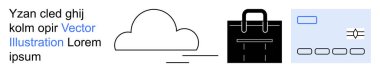 Bulut depolama, veri güvenliği, iş çözümleri, dijital arayüzler, teknoloji ikonları, siber güvenlik. Minimalist bulut, yapılandırılmış çanta ve tasarım elementleri. Bulut depolama kavramları