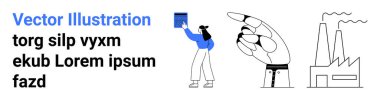 Dijital dönüşüm, kullanıcı arayüzü, imalat, takım çalışması, yenilik, ilerleme. Kadın tutma cihazı, fabrika çizgisi sanatı. Dijital dönüşüm ve kullanıcı arayüzü
