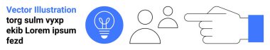 Karar verme, takım çalışması, liderlik, yenilik, yön, beyin fırtınası. Ampul simgesi, kullanıcı simgeleri ve işaret eden el. İş konseptinde karar verme ve takım çalışması