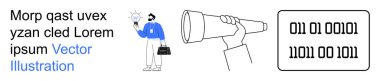 Innovation, analysis, future planning, technology, vision, research. A man holding a light bulb, a telescope and binary code visualization. Innovation and analysis concept