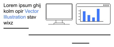 Dijital pazarlama, veri analizi, iş raporları, kullanıcı arayüzü tasarımı, bilgi sistemleri, çevrimiçi öğrenme. Metin elementli bir bilgisayar monitörü ve grafik penceresi. Veri analizi ve iş