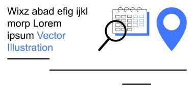 Event management, scheduling apps, location tracking, productivity tools, date selection, and appointment booking. A magnifying glass with a calendar and location pin. Event management and scheduling