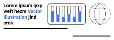 Blue gradient bar graph with a globe grid icon and accompanying placeholder text. Ideal for data analysis, global business, statistics, analytics, information sharing, strategy, simple landing page