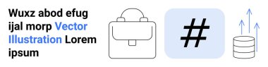 Briefcase, metadata tag, upward arrows, and database symbolizing digital growth, networking, analytics, business tools, productivity and technological innovation. Ideal for startup website simple
