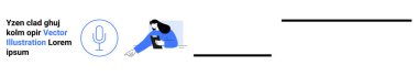 Communication, voice technology, virtual assistant, modern interface, interaction, customer service. A woman reaches toward a microphone icon. Communication and voice technology