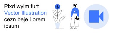 Business strategy, financial growth, online collaboration, virtual communication, financial planning, and teamwork. A person holding a document stands by a plant with a dollar sign. Business strategy