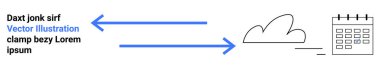 Data storage, workflow management, cloud transfer, application synchronization, automation, digital scheduling. Arrows connecting a cloud and a calendar. Cloud transfer and workflow management