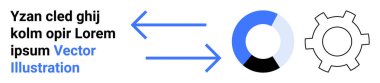 Metin, pasta grafiği ve dişli simgesi arasındaki oklar süreci, iş akışını, analizi ve otomasyonu temsil eder. Veri, iş, yönetim analitik verimlilik sistemleri için ideal basit iniş