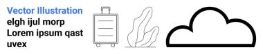 Seyahat, doğa, bulut hesaplama, eko-turizm, organizasyon, minimalizm. Bir bavul, botanik yaprak ve temiz çizgi sanat tarzında bulut simgeleri. Seyahat ve doğa yorumları minimalistçe