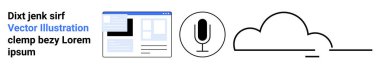 Technology, voice command, cloud storage, user interface design, digital services, communication systems. A webpage layout, microphone icon and cloud graphic. Cloud storage and voice command concept