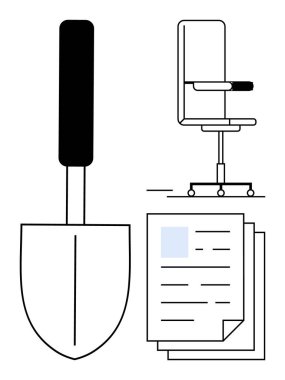 Bahçıvanlık, iş hayatı dengesi, ofis gereksinimleri, verimlilik, boş zaman, belge yönetimi. Evraklı kürek ve ofis sandalyesi. Bahçe işleri ve iş hayatı dengesi kavramsal tema