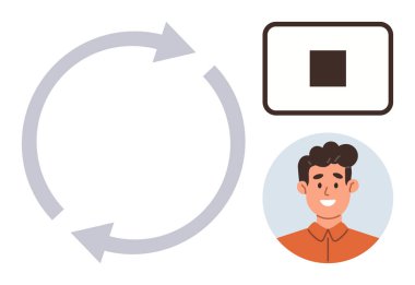 Üretkenlik, kullanıcı bağlılığı, süreç optimizasyonu, döngüsel iş akışları, tasarım bağlamları, takım iletişimi. Dairesel oklar, profil simgesi ve kare sembol. Üretkenlik ve kullanıcı ilişkileri kavramı