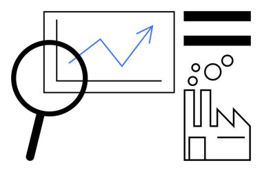 Büyüteç, büyüyen bir çizgi grafiği, fabrika ikonu, eşit işaret ve kabarcıklar üzerine odaklanır. Analiz, endüstri ilerlemesi, verimlilik, yenilik tedarik zinciri büyüme sürdürülebilirliği için ideal. Basit.