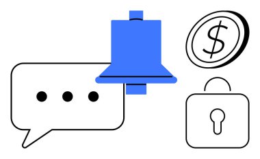 Notifications, cybersecurity, communication tools, financial management, privacy protection, online services. Speech bubble, bell lock coin icon. Notifications and cybersecurity in a modern