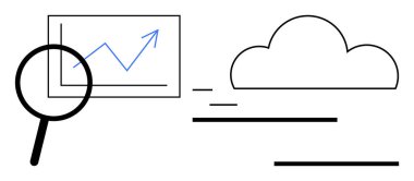 Yukarı doğru çizili büyüteç, bulut sembolü ve minimalist tasarım çizgileri. Veri analizi, bulut hesaplama, teknoloji, iş stratejisi, ilerleme izleme, dijital