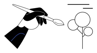 Sanat yaratımı, tasarım kavramları, yaratıcılık, minimalizm, geometrik estetik, dijital sanat. Şekil verilmiş bir el, geometrik dairelerle oluşmuş minimalist bir ağacın yanında boya fırçası tutar. Sanat yaratımı