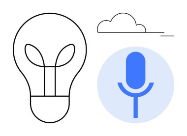 Yenilik, ses tanıma, dijital fikirler, podcast, bulut depolama, teknolojik çözümler. Bir ampul, mikrofon ve bulutun minimalist çizimi. Yenilik ve ses tanıma kavramı
