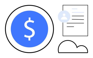 Finansal yönetim, veri depolama, kullanıcı kimliği, çevrimiçi hizmetler, bankacılık teknolojisi, bulut çözümleri. Bir dolar işareti, profil simgesi belgesi ve bulut. Mali yönetim ve veri depolama
