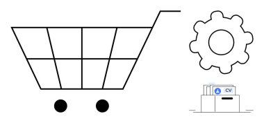 E-ticaret konsepti. Alışveriş arabası, vites sembolü ve dosya kutusu simgesi e-ticaret, iş ayarları ve belge yönetimi. E-ticaret uygulamaları, bulut depolama ve perakende işlemleri