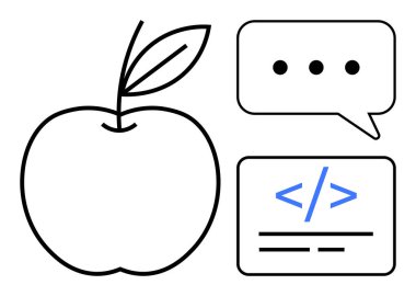 Eğitim, teknoloji, yemek, kodlama, iletişim, öğrenme. Siyah çizgili elma sanatı, kodlama parantezi ve konuşma balonu. Eğitim ve teknoloji kavramları resmedilmiş