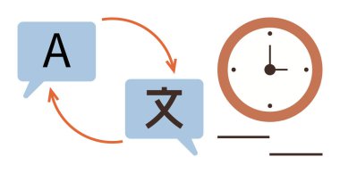 Dil çevirisi, zaman yönetimi, küresel iletişim, gerçek zamanlı yorum, çok dilli hizmetler, öğrenme. Konuşma baloncukları ve bir saat. Dil çevirisi ve zaman yönetimi