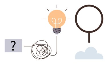 Problem çözme, yenilik, beyin fırtınası, yaratıcılık, çözümler, analiz. Ampule giden labirent hattı, soru işaretinin yanında büyüteç. Sorun çözme ve yenilik kavramı