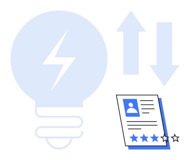 Yukarıdaki ve aşağıdaki okların yanında bir yıldırım sembolü ve kullanıcı profili ve yıldız reytingleri içeren bir belge olan ampul. Yenilik, enerji, değerlendirme, optimizasyon için ideal
