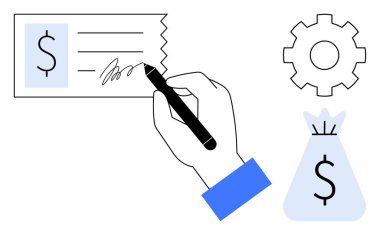 Bir vites sembolü ve para çantası ikonu ile birlikte mali işlemler, bankacılık ve iş süreçlerini taşıyan bir çek imzalamak. Finans, ödemeler, yatırımlar, bankacılık, ekonomi ve bütçe için ideal