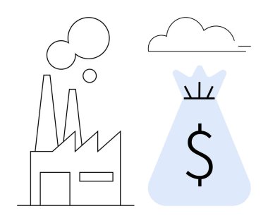 Para çantasıyla duman yayan fabrika bir dolar işareti, endüstriyel kârları, maliyetleri ve çevresel etkileri temsil ediyor. Finans, sürdürülebilirlik, enerji sektörü ve iş için ideal