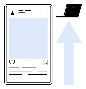 Sosyal medya, içerik paylaşımı, teknoloji, veri transferi, bulut depolama, dijital platformlar. Bir yükleme simgesi ve dizüstü bilgisayarla akıllı telefon arayüzü. Sosyal medya ve içerik paylaşım kavramı