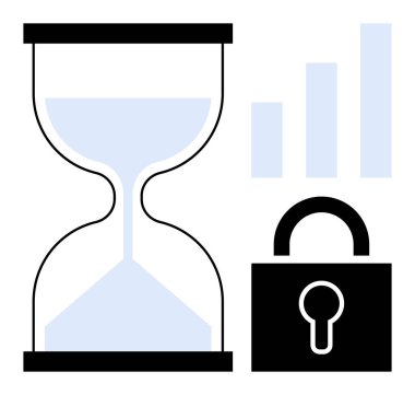 Veri güvenliği kavramı. Kum saati, kilit simgesi ve büyüme grafiği güvenli zamana duyarlı verileri gösteriyor. Şifreleme, gizlilik koruması, dijital sistemler ve analitik için veri güvenliği