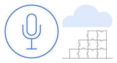 Ses tanıma. Mikrofon ikonu, bulut grafiği ve bulmaca parçalarıyla dijital ses tanıma kavramı. Ses tanıma bağlantıları yenilik, bulut depolama, modüler tasarım, ölçeklenebilirlik