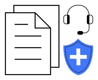 Müşteri desteği, çevrimiçi yardım, koruma, siber güvenlik, tıbbi hizmetler, kurumsal iletişim. Kağıt belgeler, kulaklık ve haçlı kalkan. Müşteri desteği ve siber güvenlik