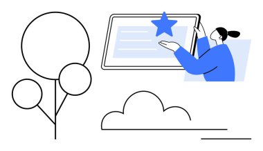 Çevrimiçi eğitim, dijital etkileşim, derecelendirme sistemleri, yaratıcılık, kullanıcı arayüzleri, iletişim. Bir tabletle meşgul olan kişi bir yıldızdır. Çevrimiçi eğitim ve dijital etkileşim kavramı