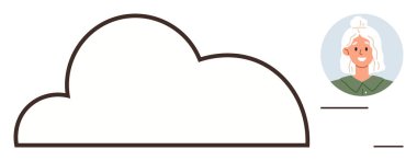 Teknoloji, bulut hesaplama, sosyal medya, veri depolama, çevrimiçi topluluk, ağ oluşturma. Yaşlı kadın avatarının yanında büyük bir bulut simgesi. Teknoloji ve bulut hesaplama kavramı